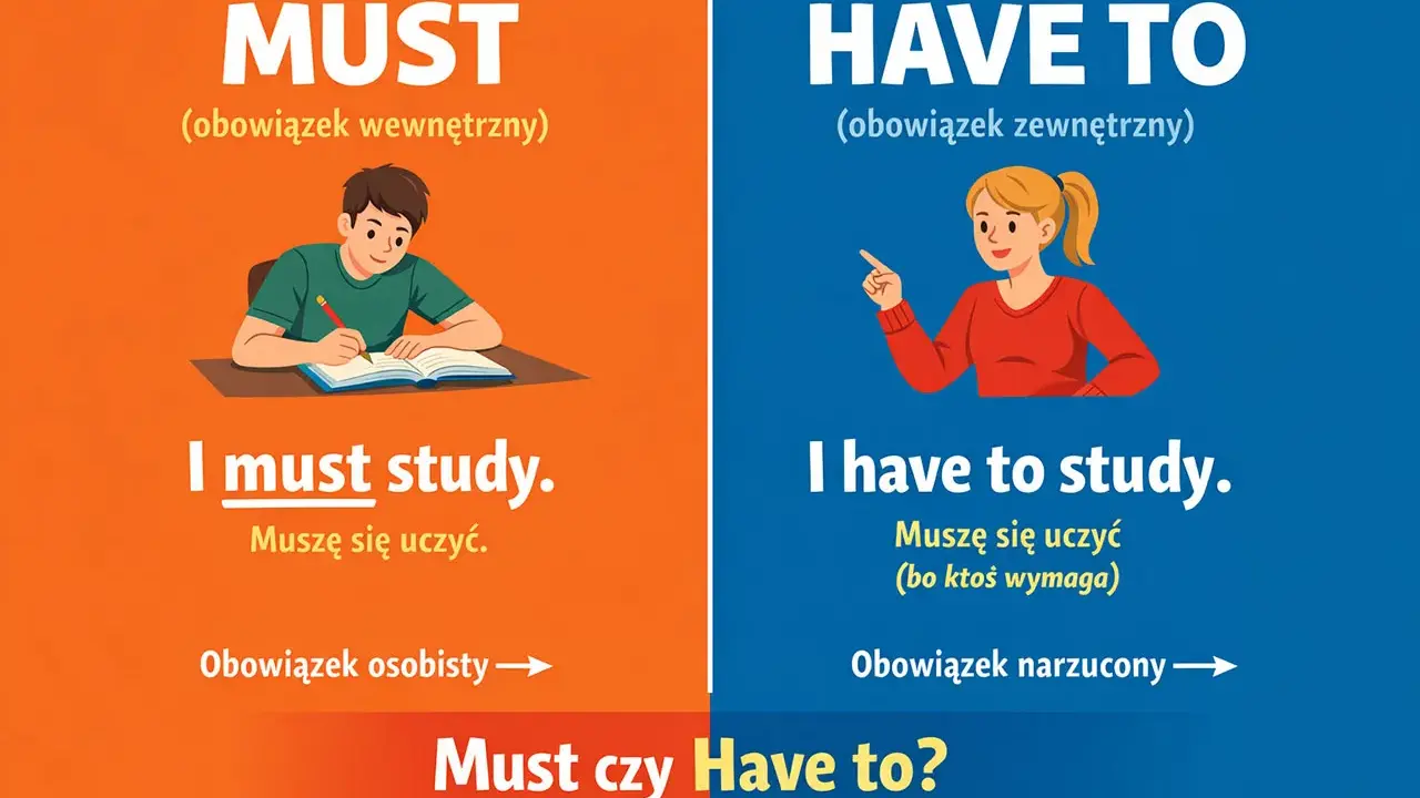 Chłopiec uczy się, bo **must** (wewnętrzny obowiązek). Dziewczyna uczy się, bo **have to** (narzucony obowiązek).