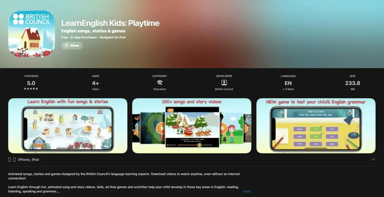 Aplikacja do nauki angielskiego "LearnEnglish Kids: Playtime" od British Council. Zawiera piosenki, bajki i gry edukacyjne dla dzieci.