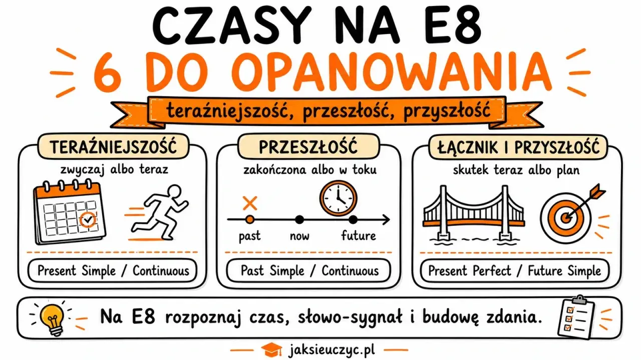 Grafika przedstawia czasy angielskie: teraźniejszość, przeszłość i przyszłość, z przykładami zdań. To przykładowy artykuł po angielsku.