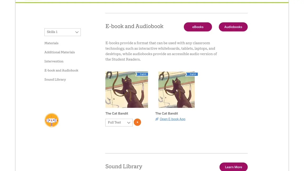 Dostępne audiobooki po angielsku z tekstem, w tym "The Cat Bandit". Możliwość wyboru pełnego tekstu.