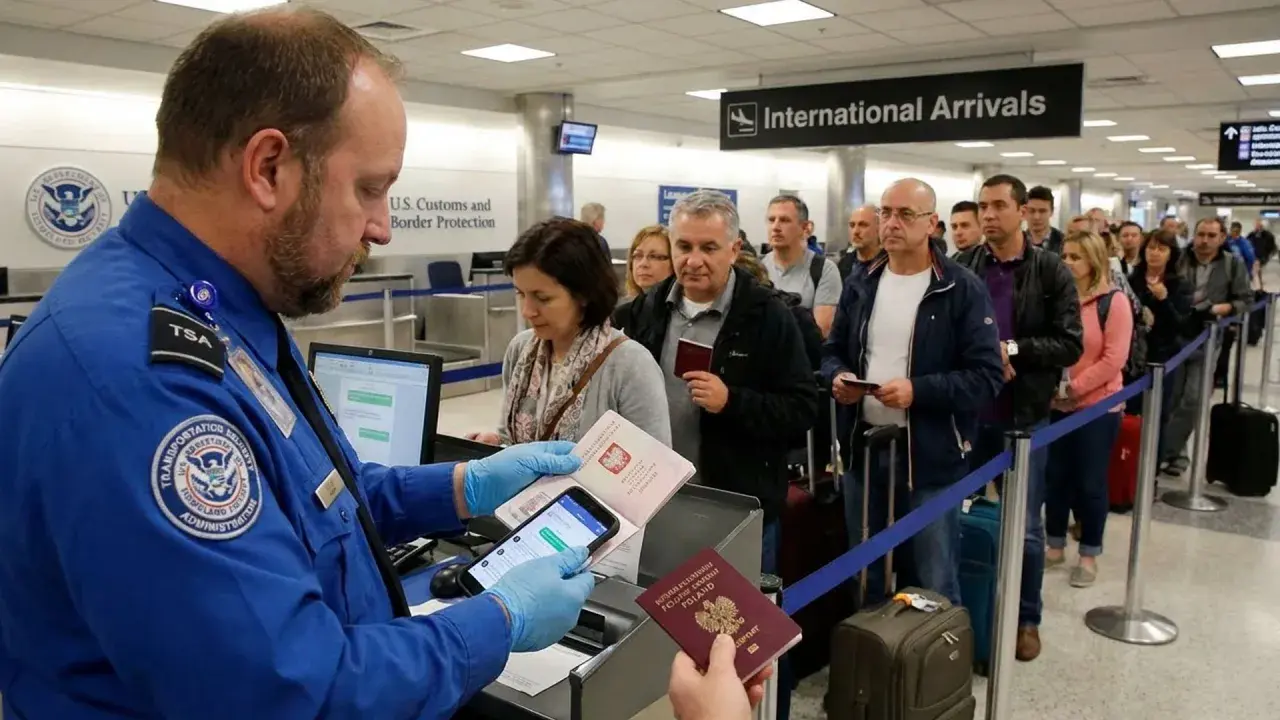 Kontrola paszportowa na lotnisku w USA. Urzędnik TSA sprawdza dokumenty podróżnych, wśród których widać osoby z polskimi paszportami.