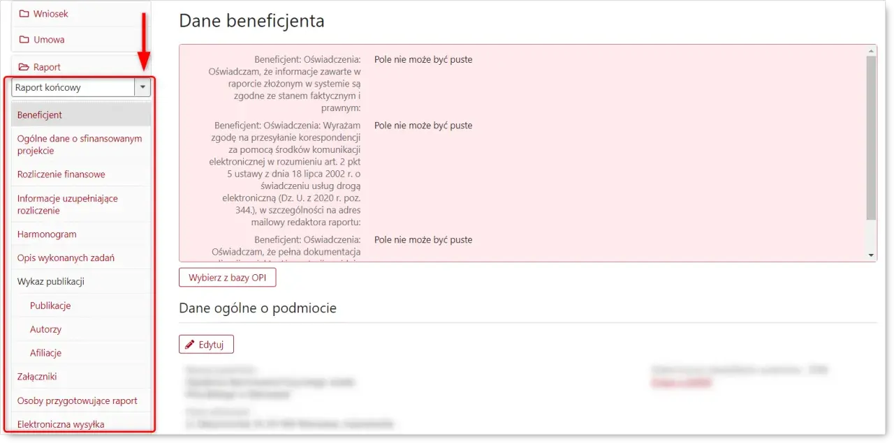 Menu nawigacyjne pokazuje, jak napisać raport. Wybrano sekcję "Raport", a następnie "Raport końcowy".