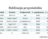 Tabela pokazuje odmianę przymiotnika "biały" przez przypadki, pytania, podpowiedzi i liczby.