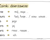 Zaimki dzierżawcze: mine (mój), yours (twój/wasz), his (jego), hers (jej), ours (nasz), theirs (ich).