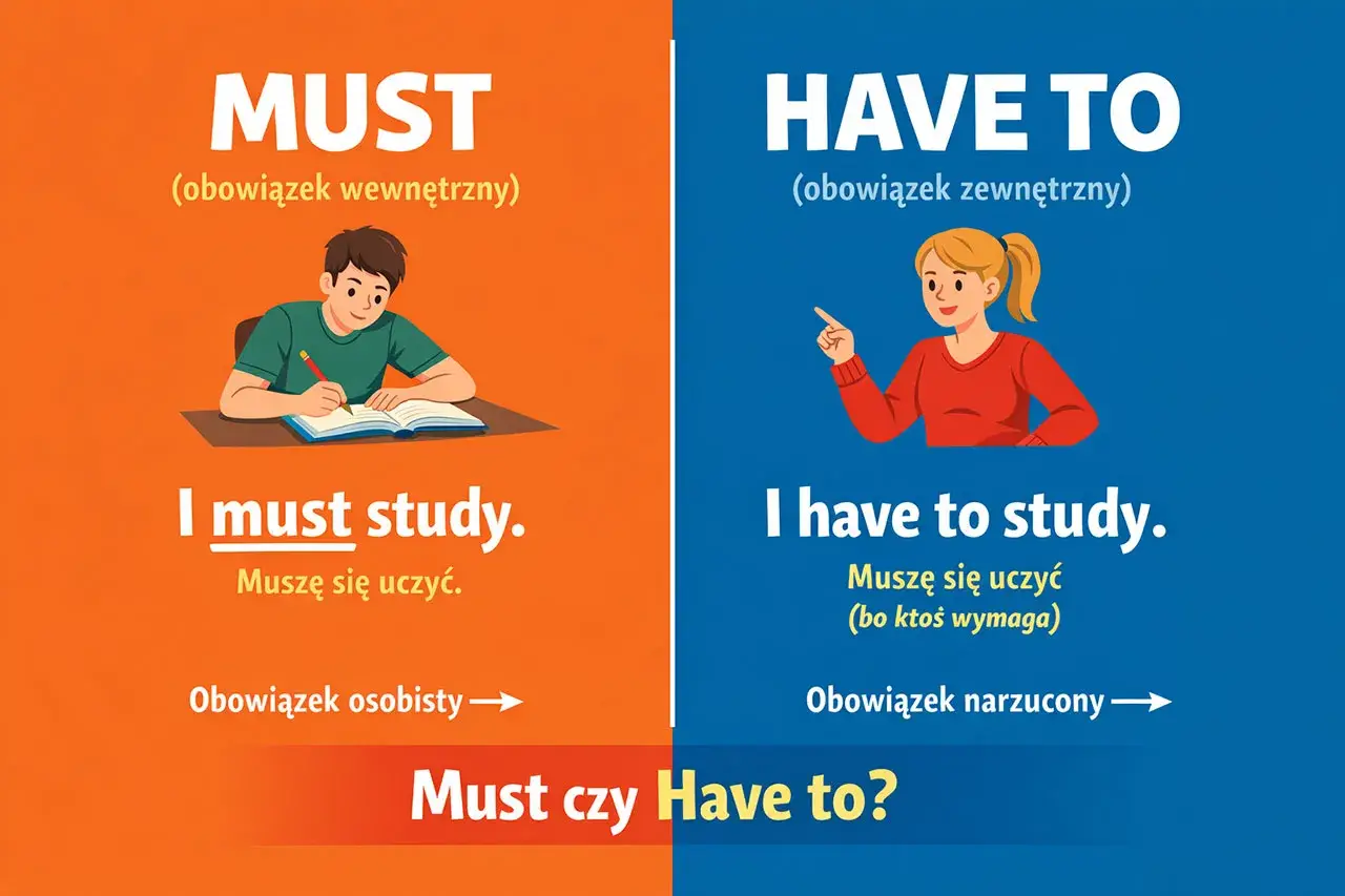 Chłopiec uczy się, bo **must** (wewnętrzny obowiązek). Dziewczyna uczy się, bo **have to** (narzucony obowiązek).