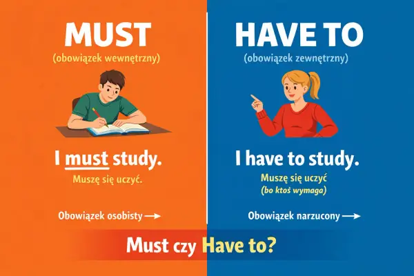 Chłopiec uczy się, bo **must** (wewnętrzny obowiązek). Dziewczyna uczy się, bo **have to** (narzucony obowiązek).