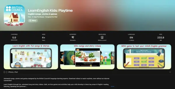 Aplikacja do nauki angielskiego "LearnEnglish Kids: Playtime" od British Council. Zawiera piosenki, bajki i gry edukacyjne dla dzieci.