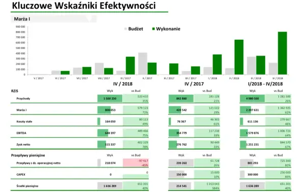 Raport finansowy z kluczowymi wskaźnikami efektywności, pokazujący wykonanie vs budżet. Wzór raportu zawiera dane o przychodach, kosztach, zysku i przepływach pieniężnych.