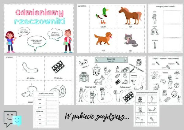 Zestaw ćwiczeń do nauki odmiany rzeczowników. Dzieci ćwiczyły **czas przeszły** na przykładach zwierząt, jedzenia i przedmiotów.