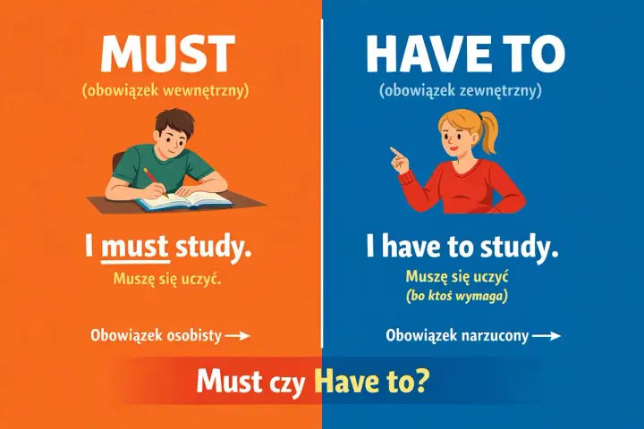 Chłopiec uczy się, bo **must** (wewnętrzny obowiązek). Dziewczyna uczy się, bo **have to** (narzucony obowiązek).