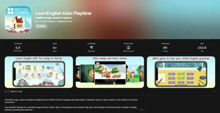 Aplikacja do nauki angielskiego "LearnEnglish Kids: Playtime" od British Council. Zawiera piosenki, bajki i gry edukacyjne dla dzieci.
