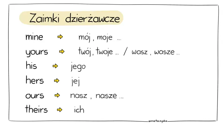 Zaimki dzierżawcze: mine (mój), yours (twój/wasz), his (jego), hers (jej), ours (nasz), theirs (ich).