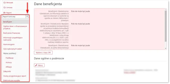 Menu nawigacyjne pokazuje, jak napisać raport. Wybrano sekcję "Raport", a następnie "Raport końcowy".