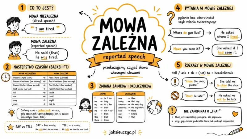 Ilustracja wyjaśnia mowę zależną (reported speech) z przykładami, zmianami czasów, zaimków i okoliczników.